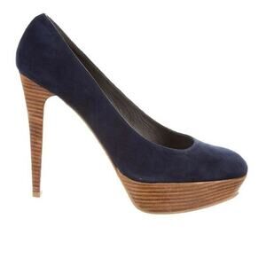 Stuart Weitzman Blue Suede Stilts Pump Platform Round Toe Slim Heel 6.5 M